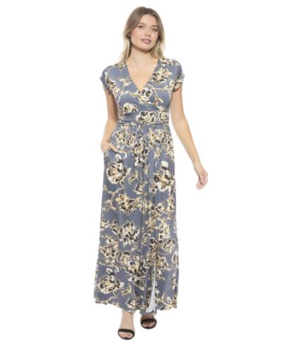 24seven Comfort Apparel Women's Floral V-Neck Cap-Sleeve Side Slit Pocket Maxi Dress
