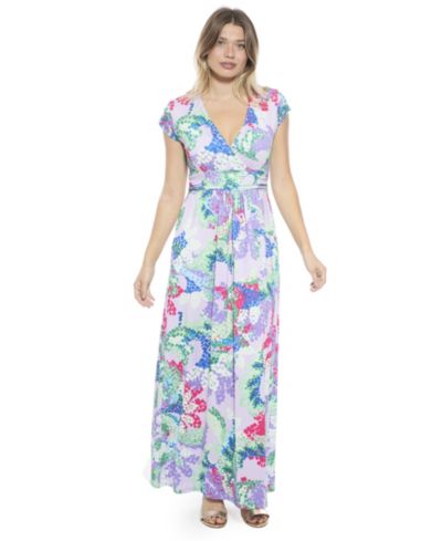 24seven Comfort Apparel Women's Abstract V-Neck Cap-Sleeve Side Slit Pocket A-Line Maxi Dress