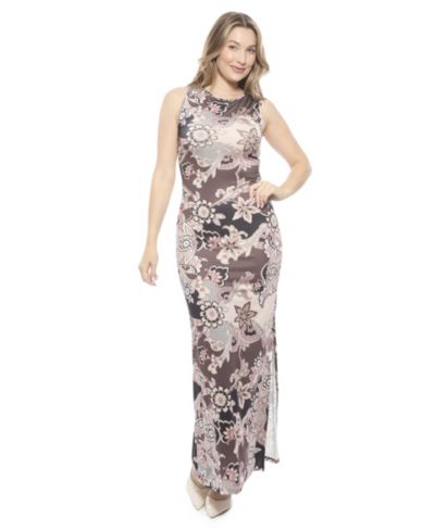 24seven Comfort Apparel Women's Paisley Sleeveless Side Slit Bodycon A-Line Maxi Dress