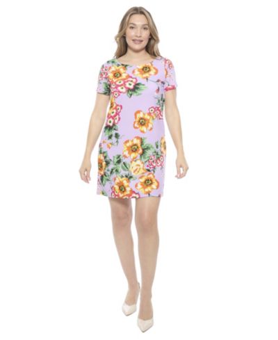 24seven Comfort Apparel Women's Floral Short-Sleeve Round Neck Mini Shift Dress
