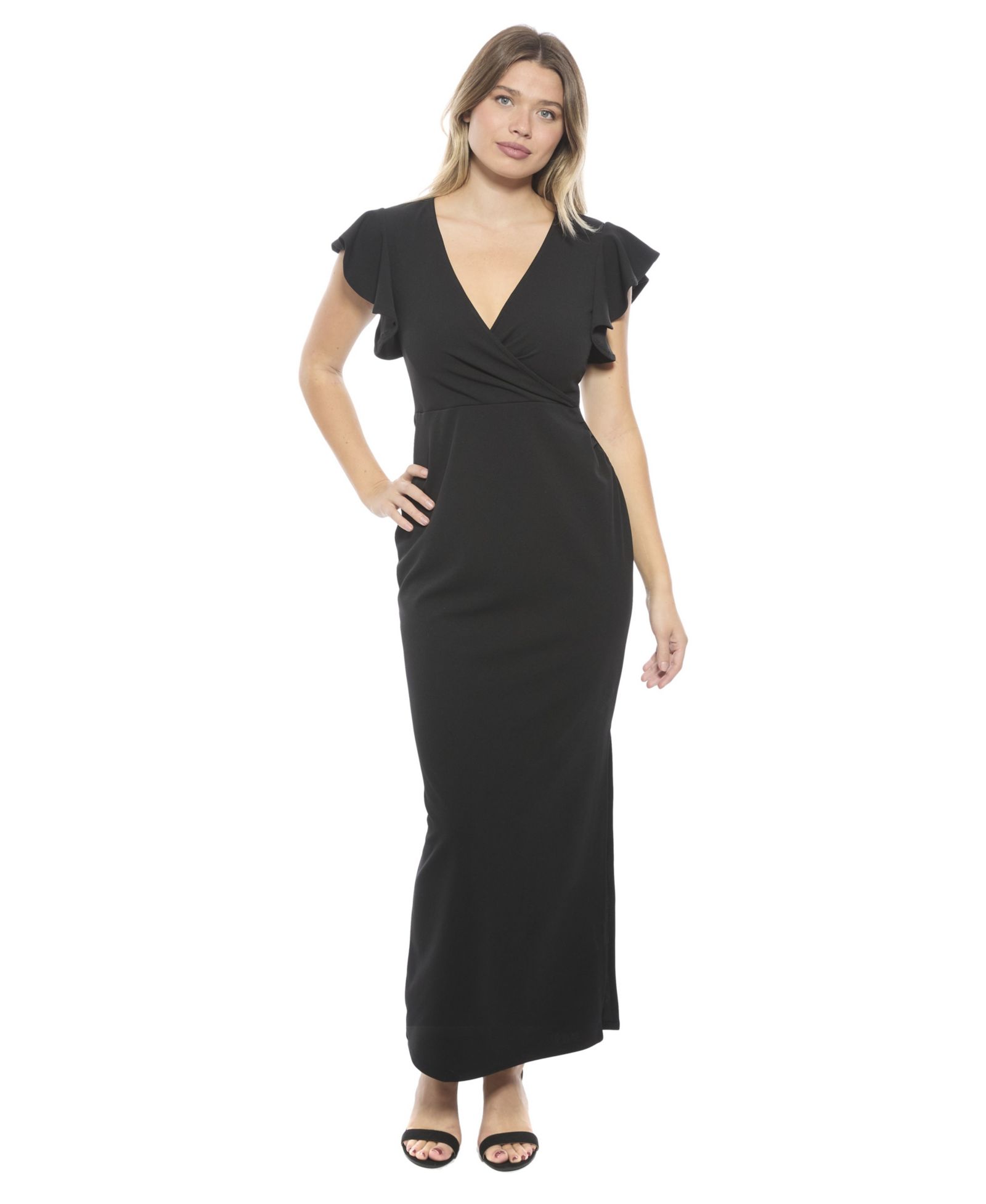 24seven Comfort Apparel Women's Solid V-Neck Tulip Hem Ruffle Sleeve Faux Wrap Maxi Dress