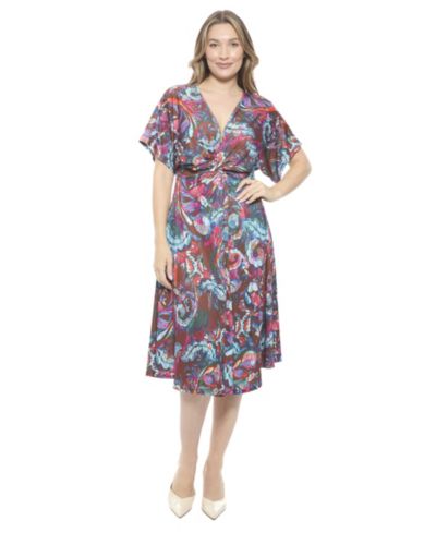 24seven Comfort Apparel Women's Abstract V-Neck Short Dolman Sleeve Twist Front A-Line Midi Dress