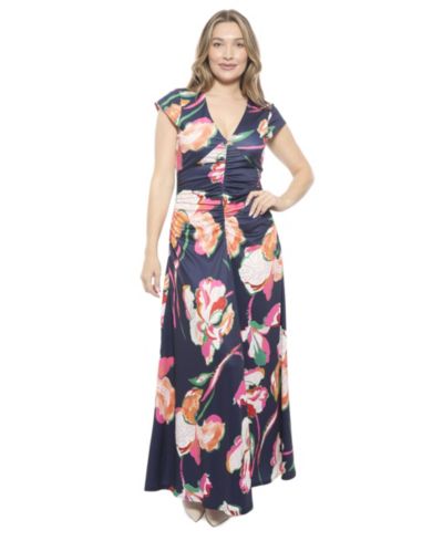 24seven Comfort Apparel Women's Floral V-Neck Cap-Sleeve Ruched Front Maxi Length Dress