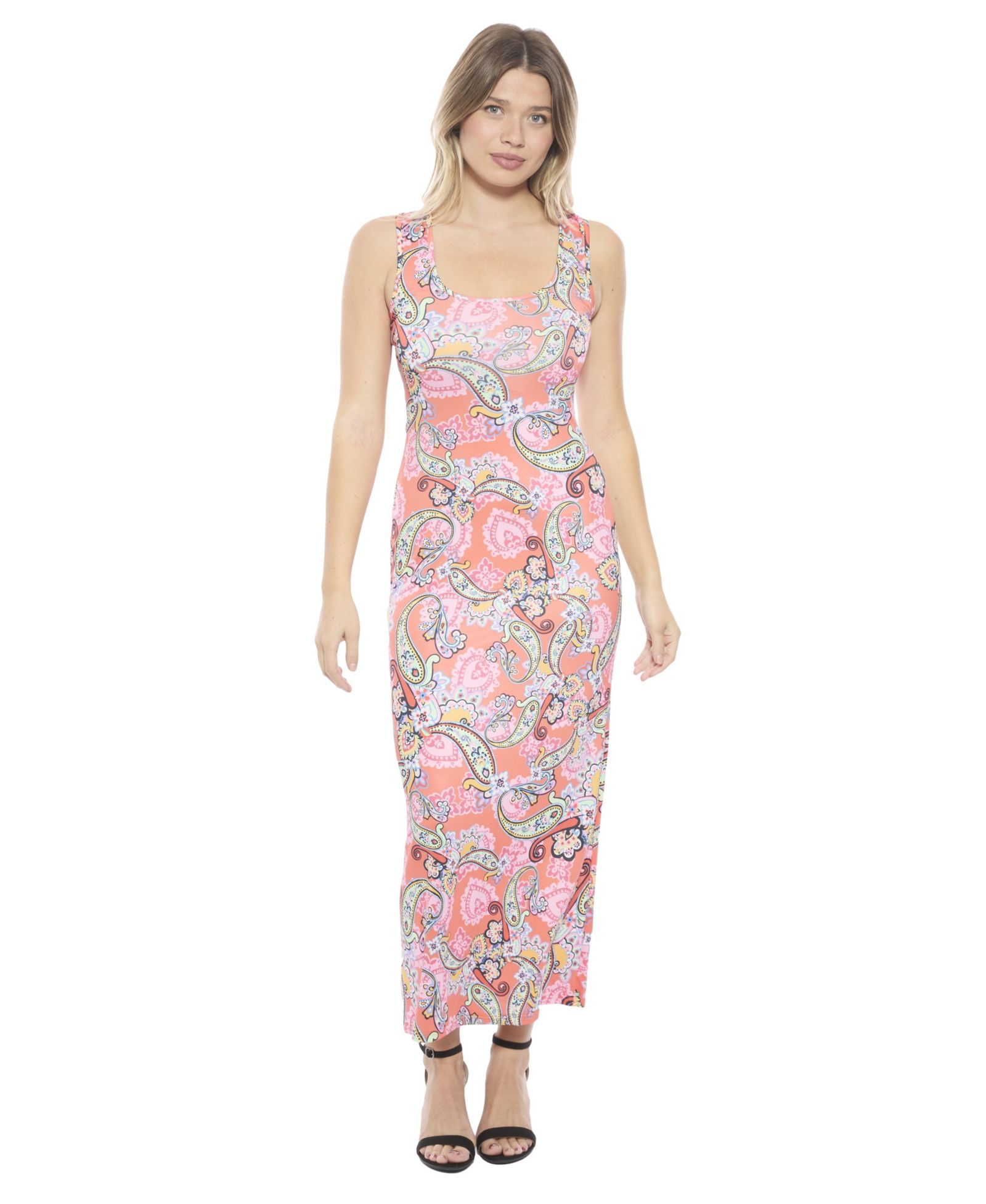 24seven Comfort Apparel Women's Paisley Scoop Neck Sleeveless Racerback Tank Maxi Dress
