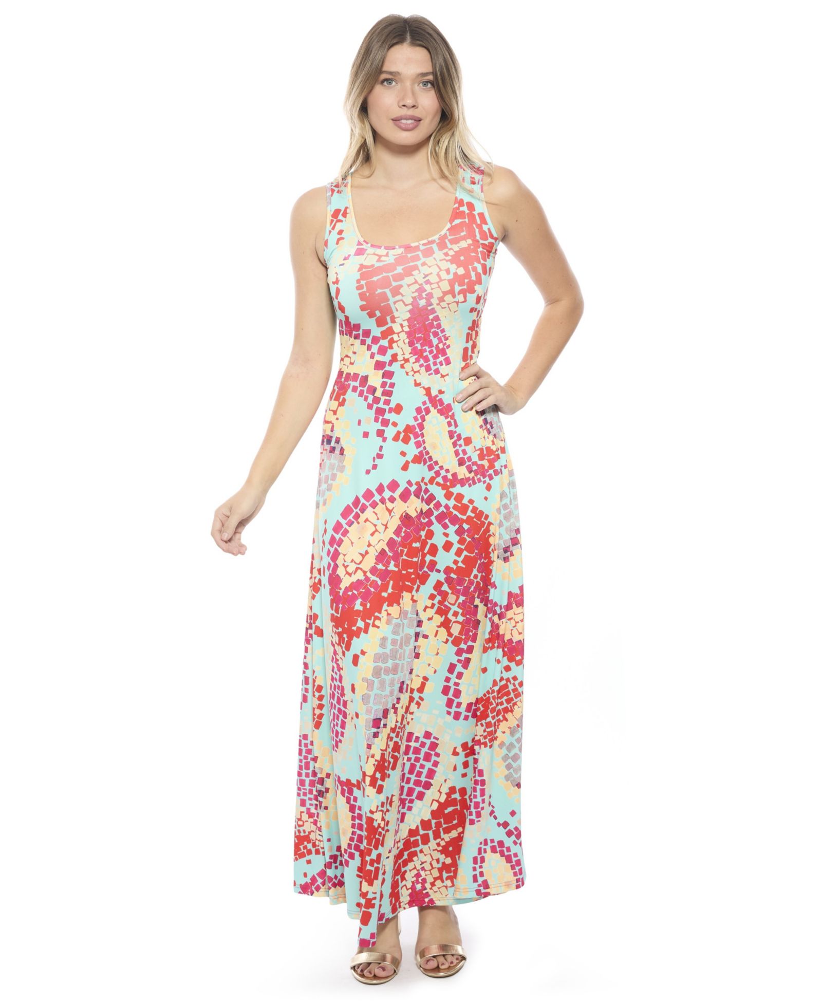 24seven Comfort Apparel Women's Abstract Scoop Neck Sleeveless A-Line Maxi Dress