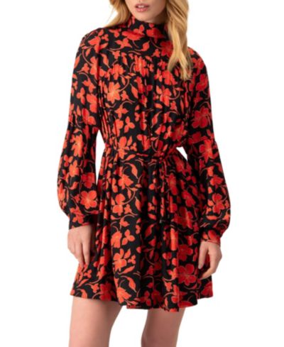 Ivonne Women's Mini Dress with Red Floral Print and Drawstring Waist