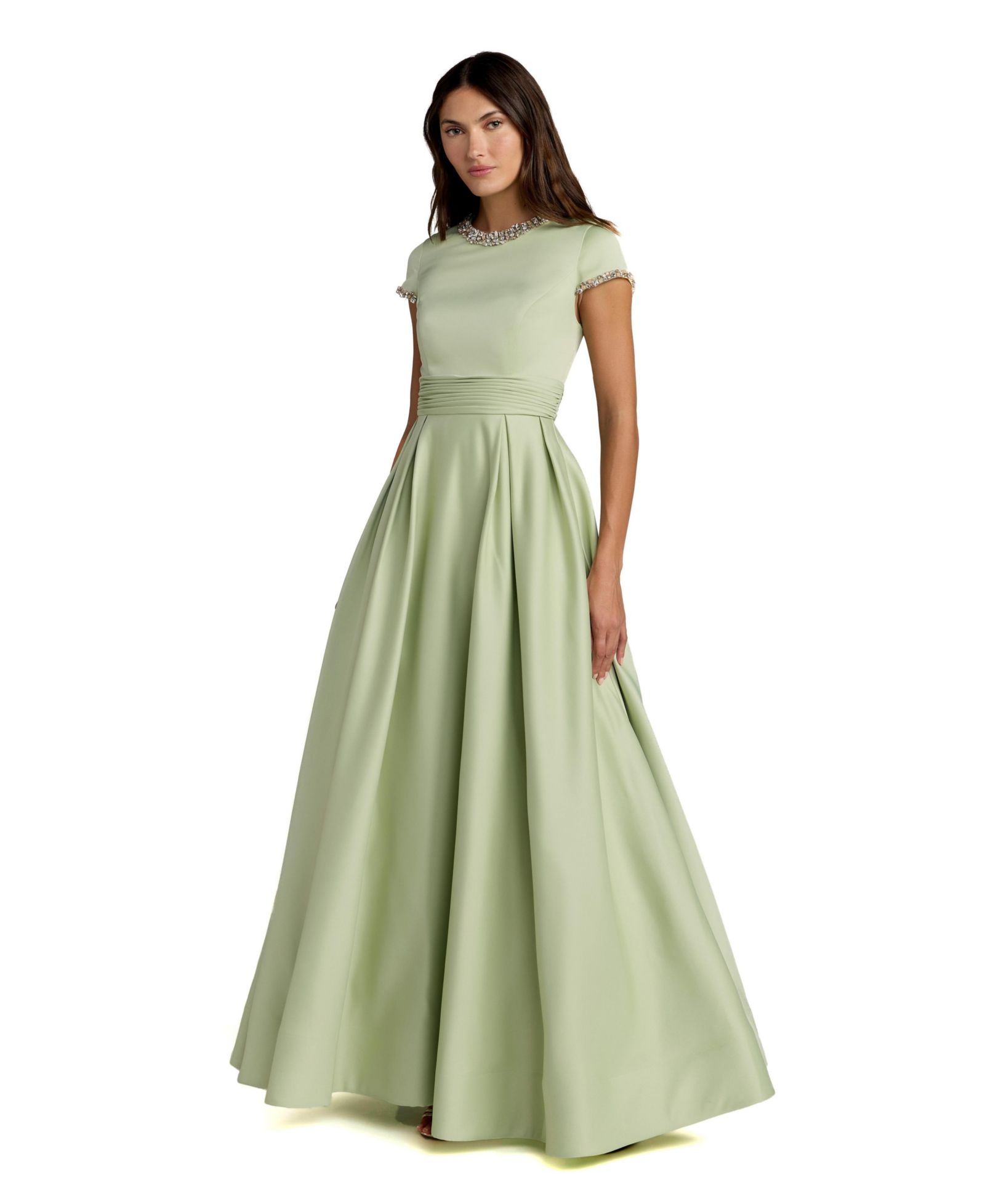 Mac Duggal Petite Embellished Satin Cap Sleeve Ball Gown