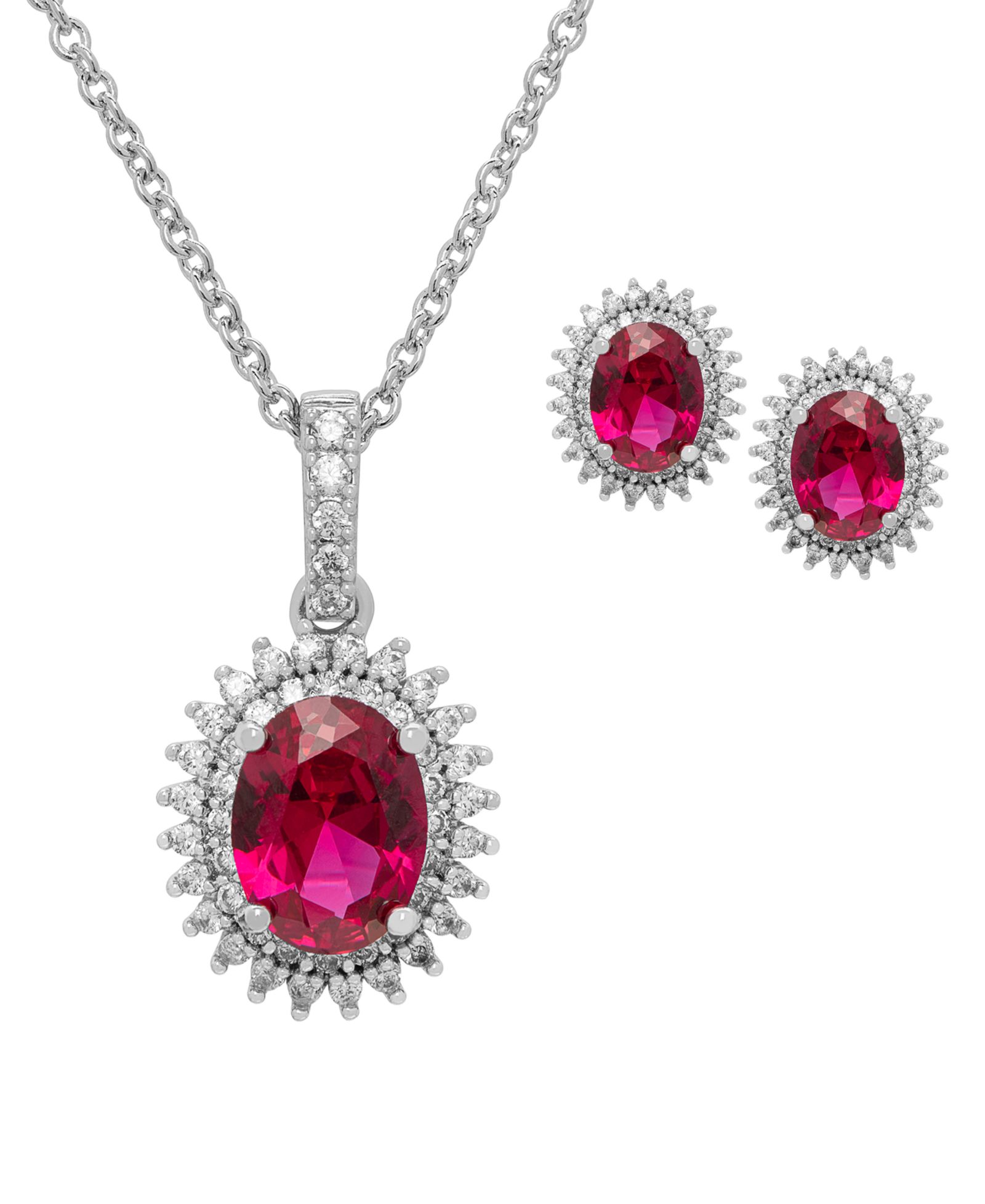 Macy's 2-Piece Lab Grown Ruby (2.70 ct. t.w.) & White Sapphire (0.61 ct. t.w.) Halo Oval Necklace and Earrings Set in Sterling Silver
