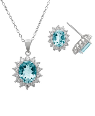 Macy's 2-Piece Lab Grown Aquamarine (4.45 ct. t.w.) & Lab Grown White Sapphire (0.32 ct. t.w.) Pendant Necklace and Earrings Set in Sterling Silver
