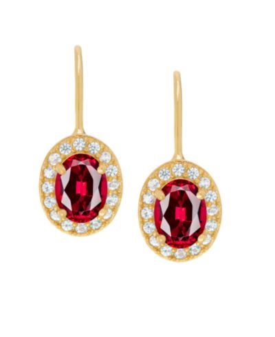 Macy's Lab Grown Ruby (1.90 ct. t.w.) & Lab Grown White Sapphire (0.16 ct. t.w.) Halo Earrings in 14k Gold Over Sterling Silver