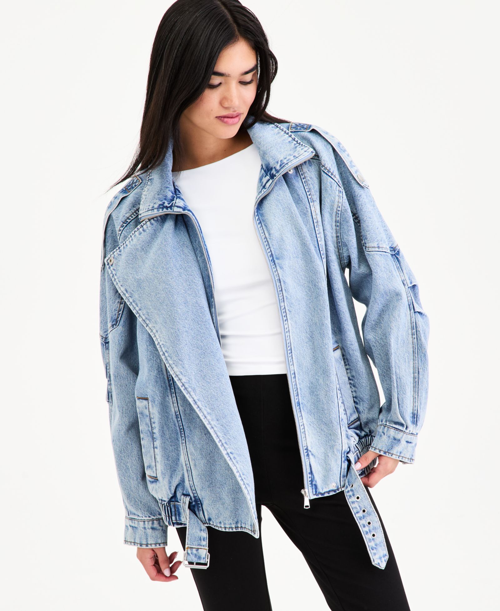 Bar III Women's Oversized Denim Bomber Jacket, Macy's Exclusive
