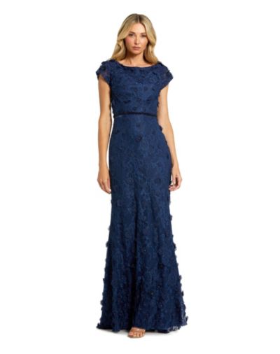 Mac Duggal Women's Floral Applique Boat Neck Short Sleeve Gown