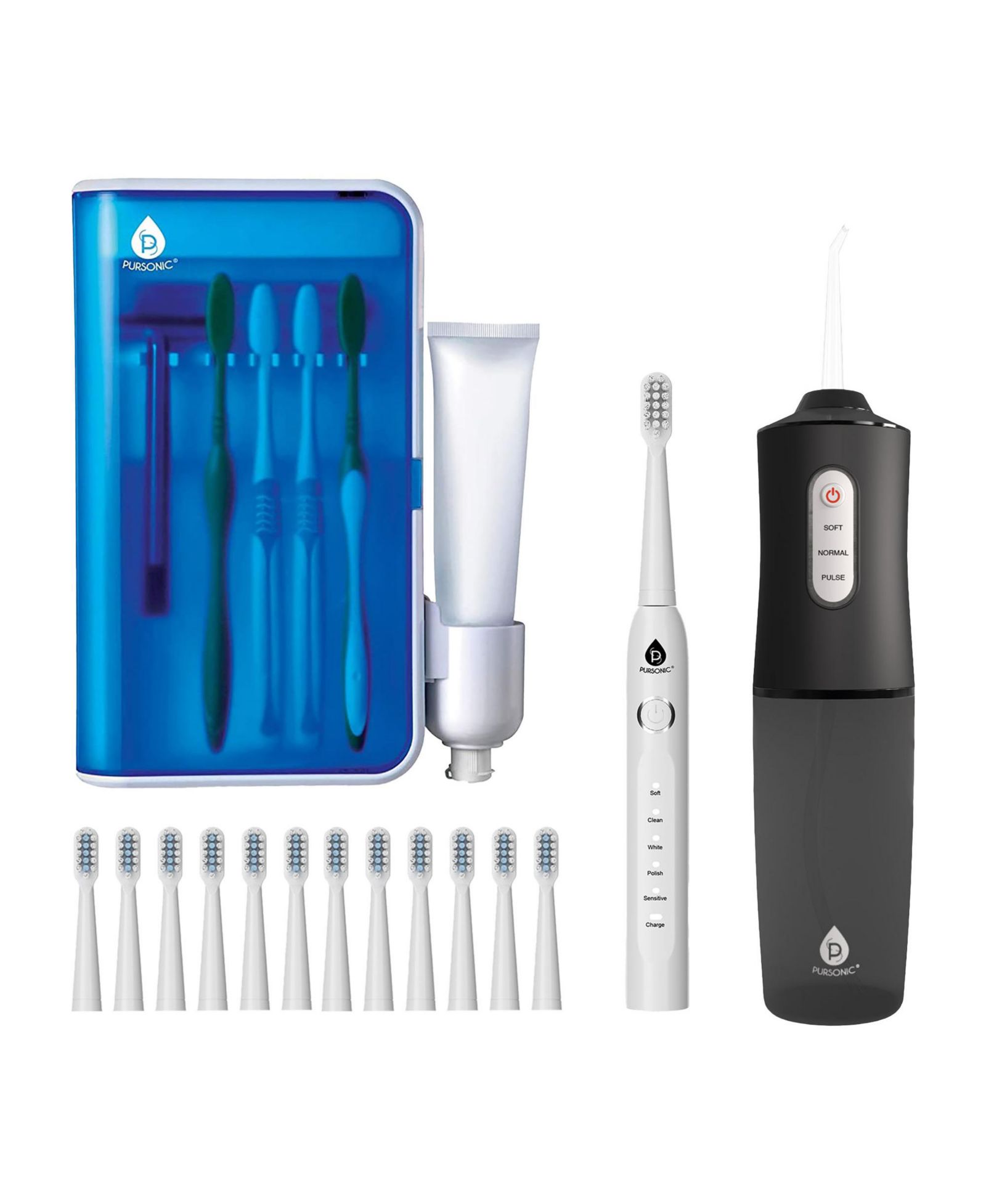 Pursonic Complete Oral Care Bundle - USB Rechargeable Sonic Toothbrush, Water Flosser & UV Toothbrush Sanitizer