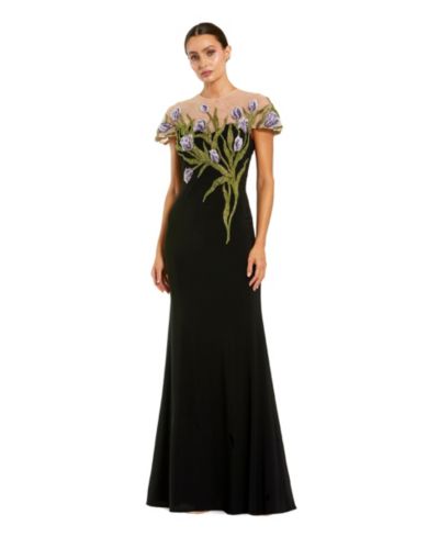 Платье Mac Duggal Petite Jersey Floral Embroidered Illusion Neck Gown
