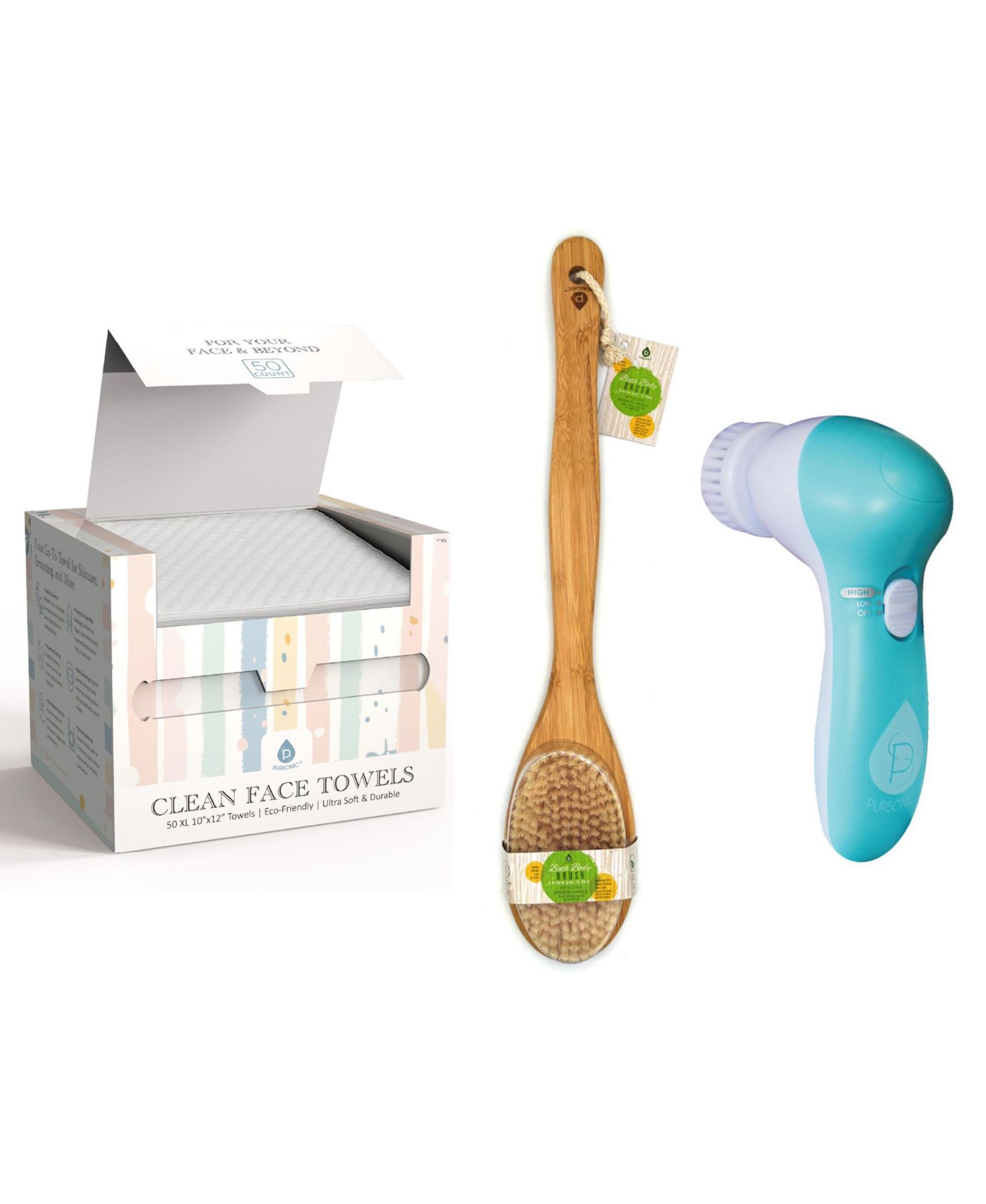 PURSONIC Complete Head-to-Toe Cleansing Set - Advanced Facial Brush + Clean Towels + Body Brush