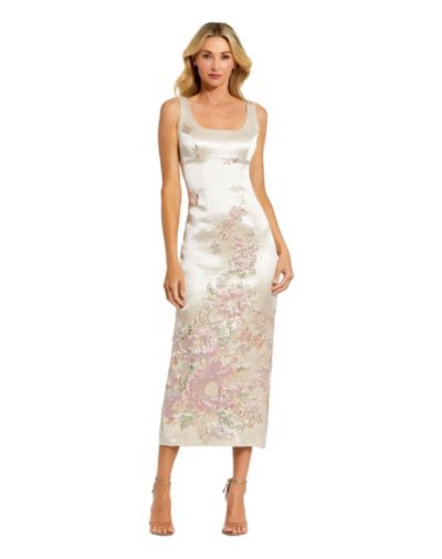 Mac Duggal Petite Slim Strap Scoop Neck Bustier Brocade Midi Dress
