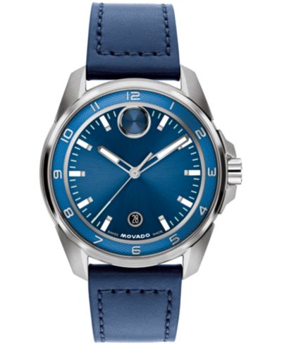 Movado Мужской Bold Verso S Swiss Quartz Navy Leather Watch, 42mm