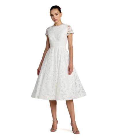 Mac Duggal Women's Lace Embellished Cap Sleeves A Line Midi Dress