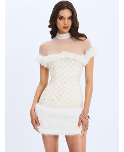 Miss Circle Women's Taylor Ivory Fur Trimmed Beaded Boucle Mini Dress