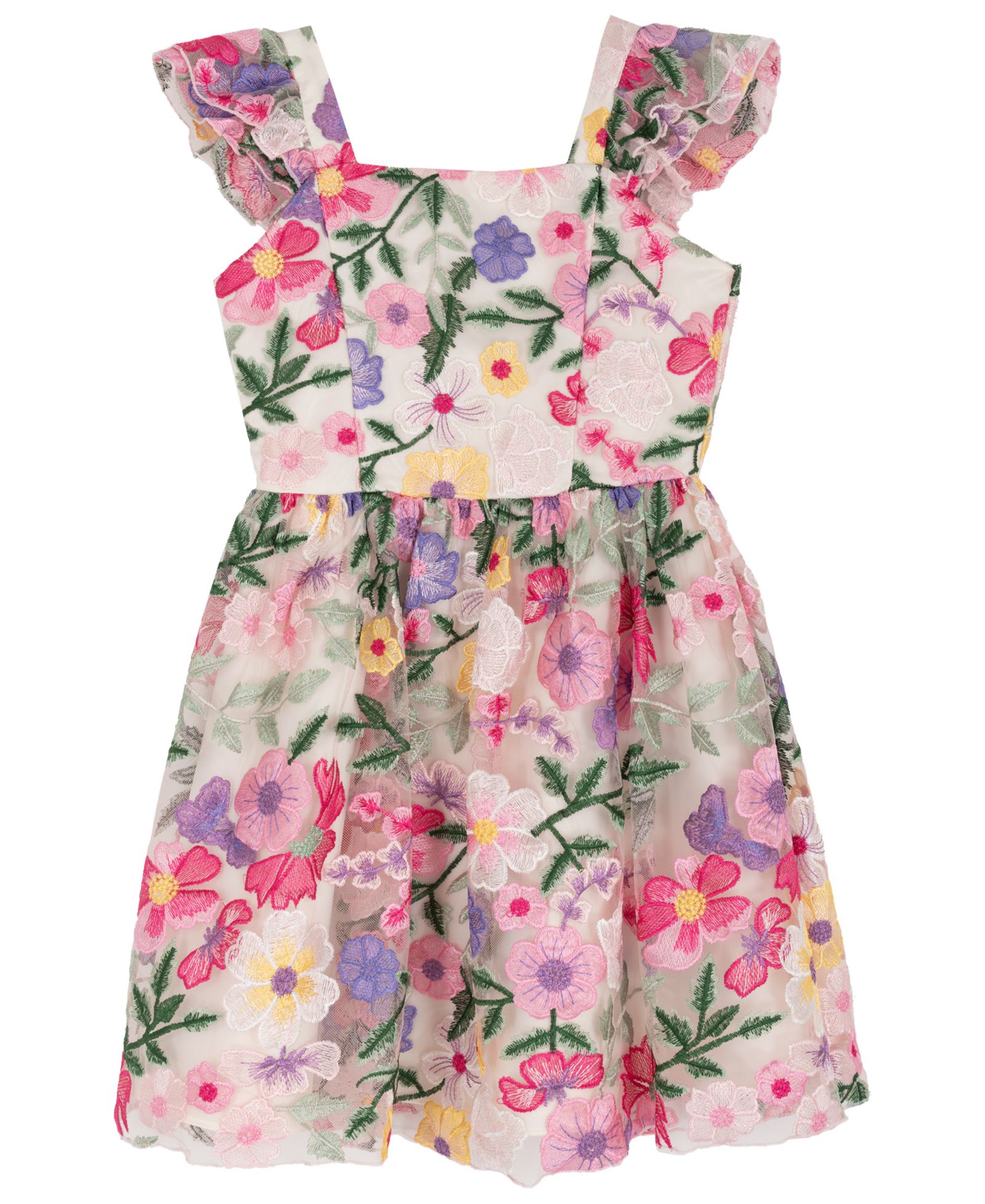 Rare Editions Girls' 7-16 Floral Embroidered Square Neck Dress