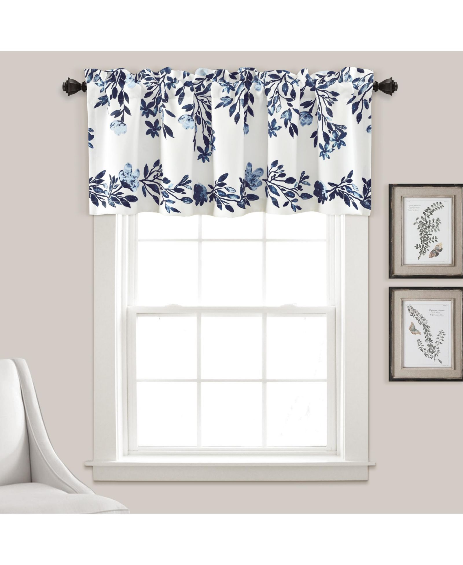 Lush Decor Tanisha Window Valance Curtain Single 52"W x 18"L Navy & White - Light Filtering Curtain - Floral Valences for Windows - Kitchen Curtains