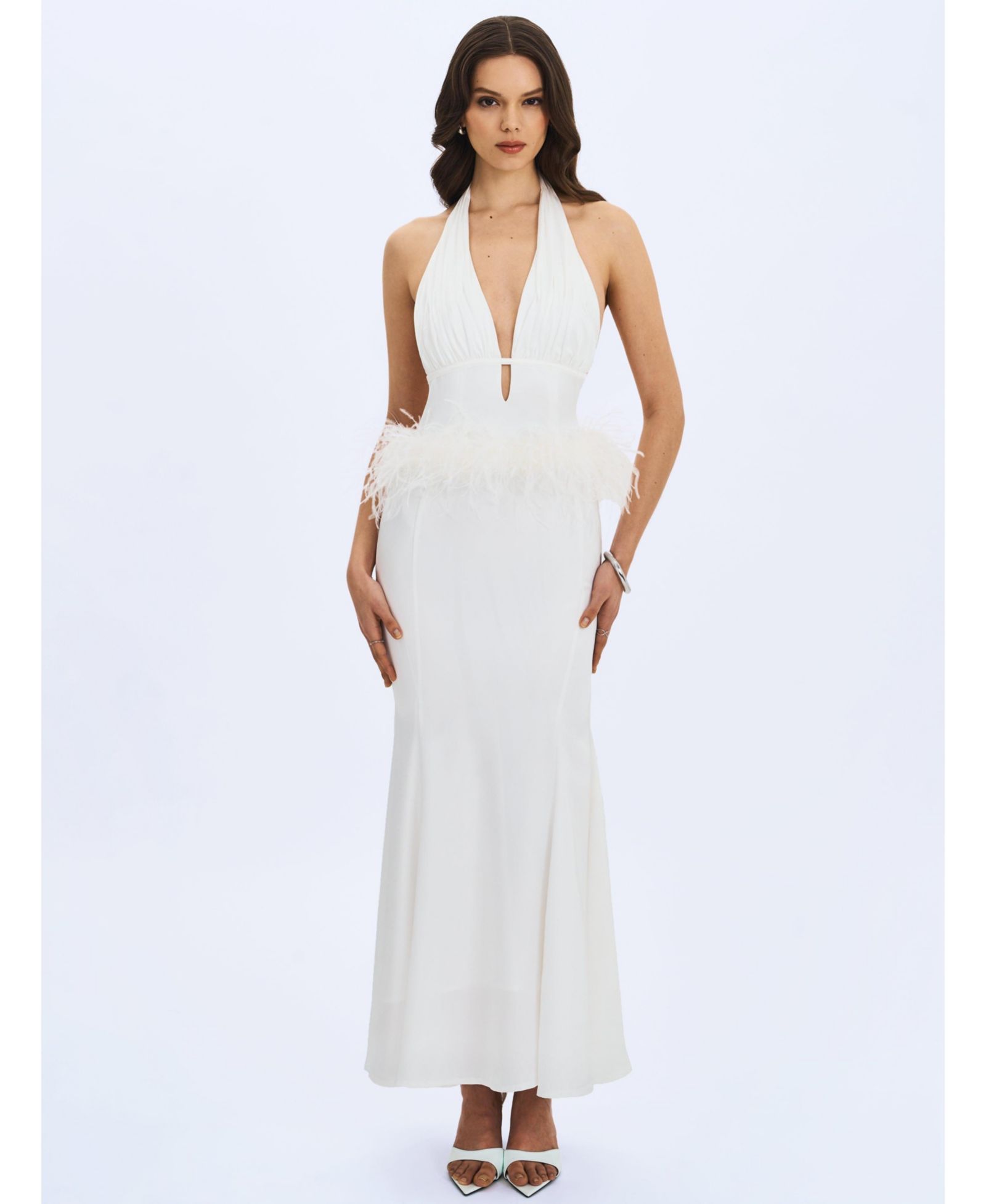 Miss Circle Women Solene Pleated Halter Backless Feather-Trim Maxi Dress