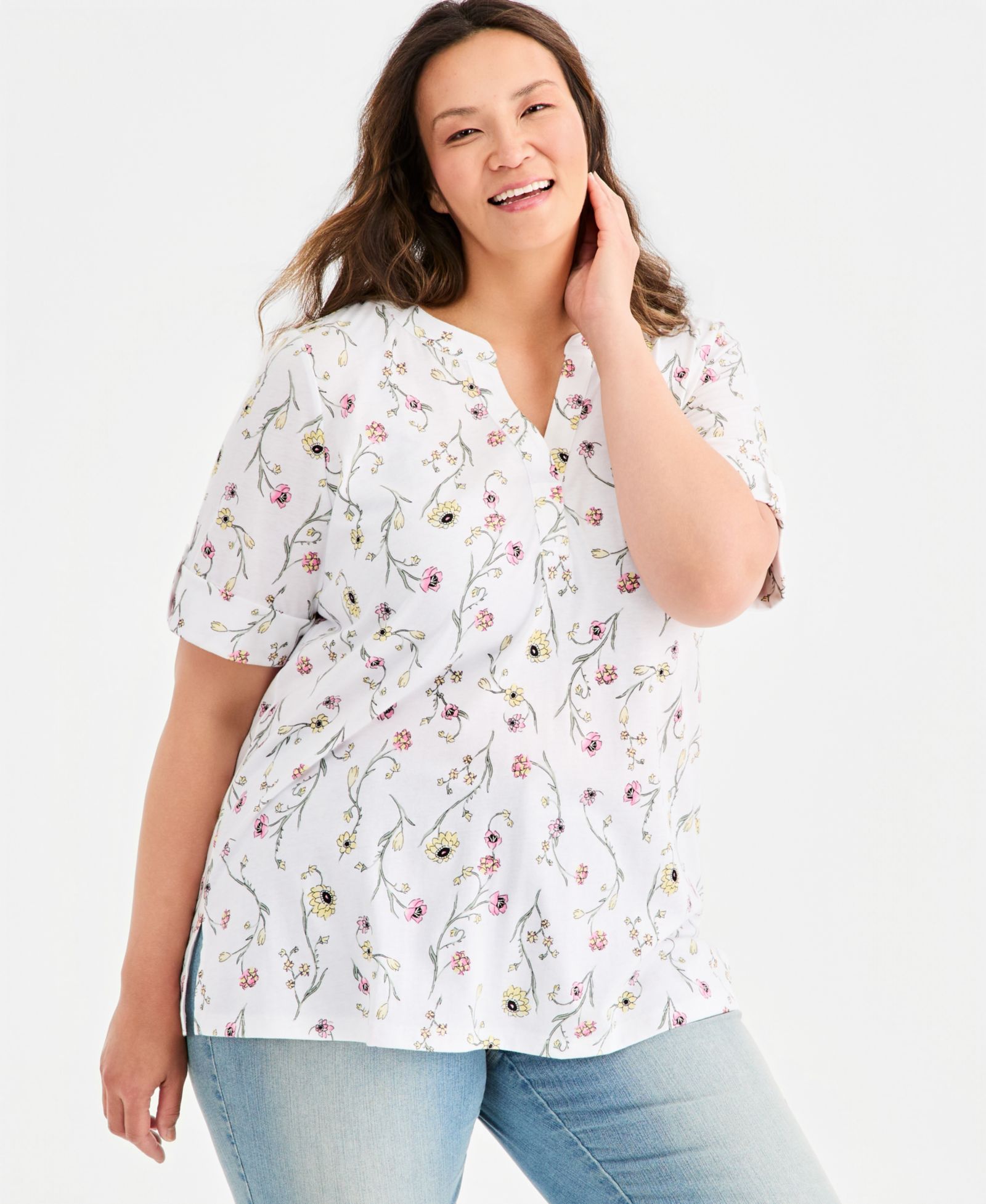 Женская туника Style & Co Plus Size Printed Roll-Tab Split-Neck