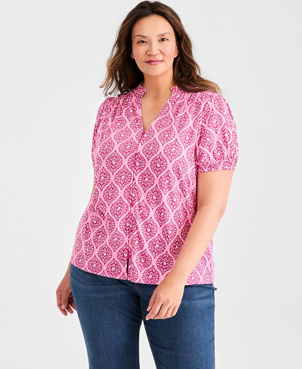 Топ Style & Co Plus Size Printed Puff-Sleeve Split-Neck
