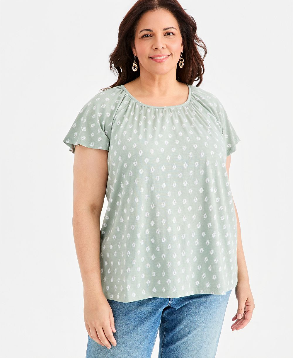 Style & Co Plus Size Printed Scoop-Neck Flutter-Sleeve Top, Macy's Exclusive