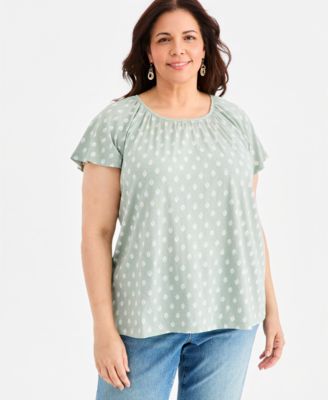 Style & Co Plus Size Printed Scoop-Neck Flutter-Sleeve Top, Macy's Exclusive