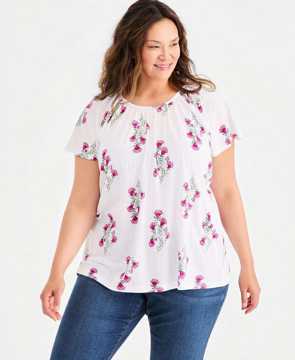Топ Plus Size Style & Co с принтом, вырезом лодочкой и воланами на рукавах