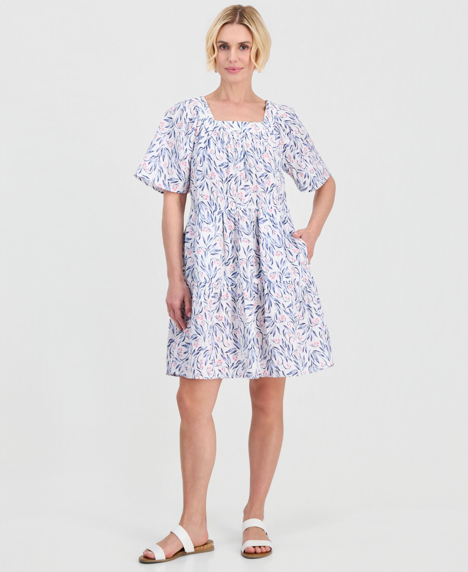 Style & Co Petite Printed Square-Neck Short-Sleeve Cotton Dress, Macy's Exclusive
