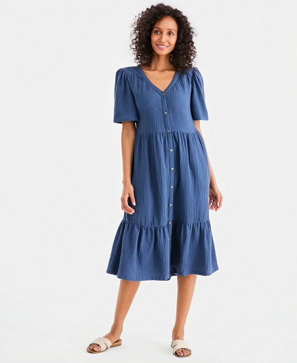 Style & Co Women's Cotton Gauze Tiered Button-Front Midi Dress, Macy's Exclusive