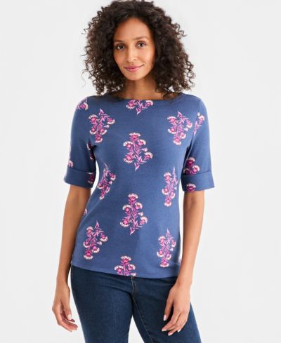 Style & Co Petite Printed Boat Neck Short-Sleeve Top, Macy's Exclusive