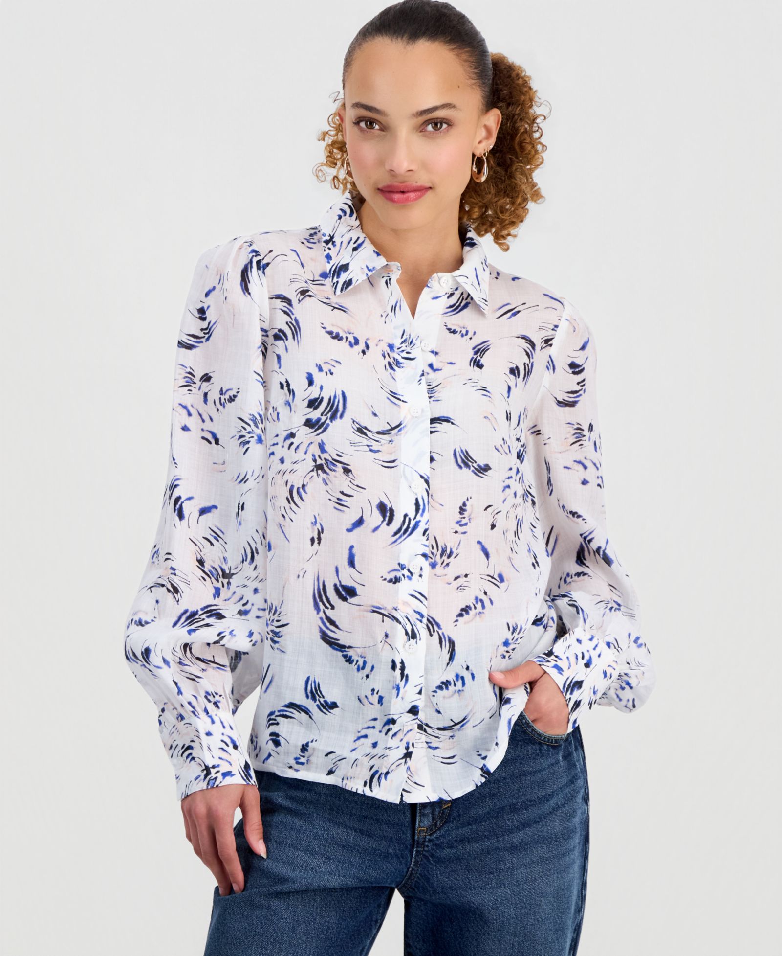 I.N.C. International Concepts Petite Long Sleeve Printed Ramie Button Down Shirt, Macy's Exclusive