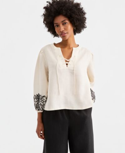 Charter Club Женский Embroidered Blouson-Sleeve 100% Linen Blouse