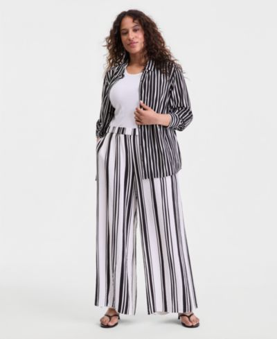 Брюки I.N.C. International Concepts Plus Size в полоску с высокой посадкой и широкими штанинами