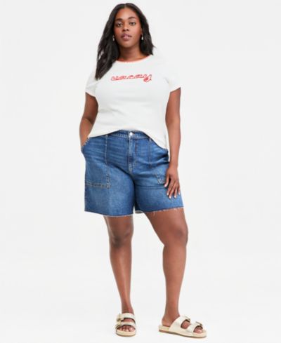 On 34th Plus Size High Rise A-line Denim Utility Bermuda Shorts, Macy's Exclusive