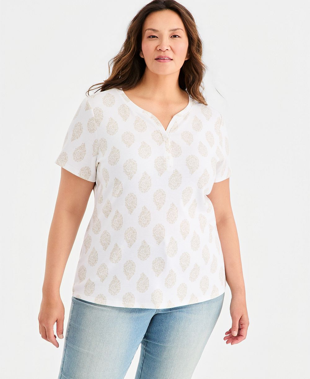 Женский топ Henley с коротким рукавом и принтом Plus Size Style & Co