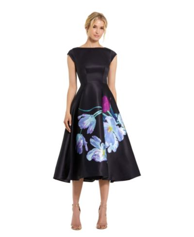 Mac Duggal Petite Satin Cap Sleeve Midi Dress With Floral Print