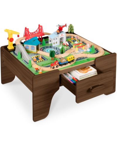 Best Choice Products Train Set Wooden Activity Table with Reversible Top and Storage Drawer, 56-Piece Set, Ages 3+