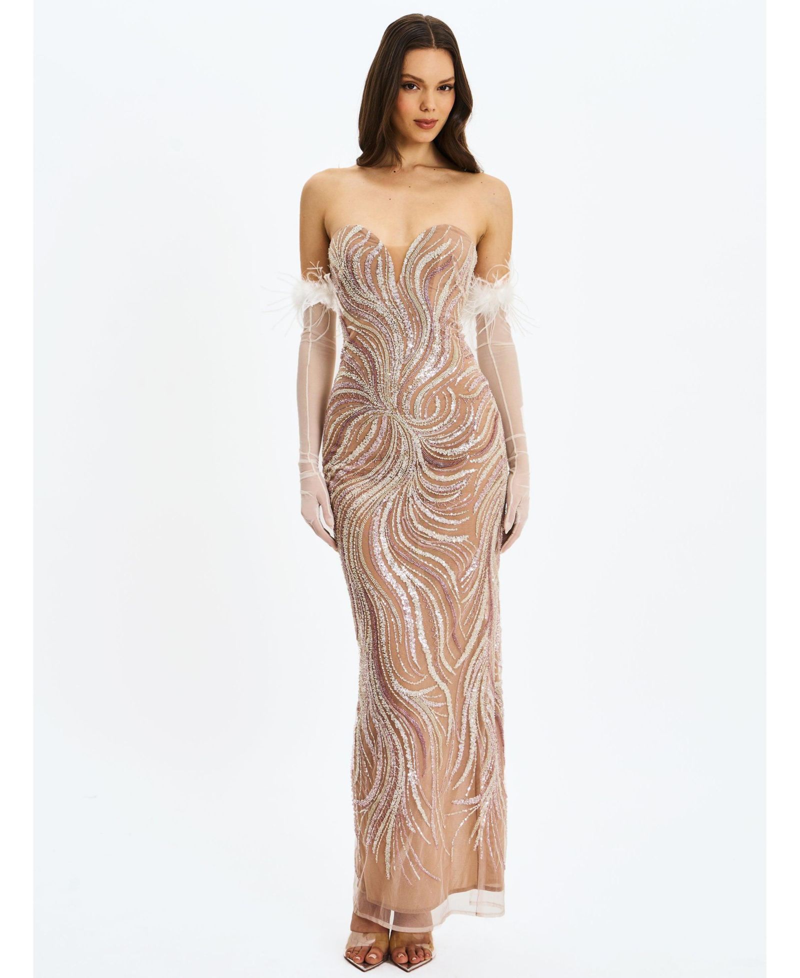 Miss Circle Женское вечернее платье Maxi Quinci Apricot Beaded Sequin