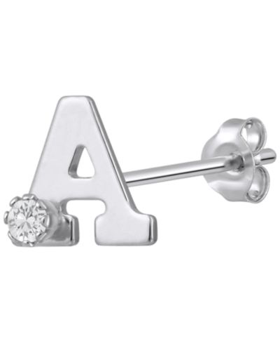 White Topaz Accent Initial Single Stud Earring in 14K Gold (Also Available in 14k White Gold)