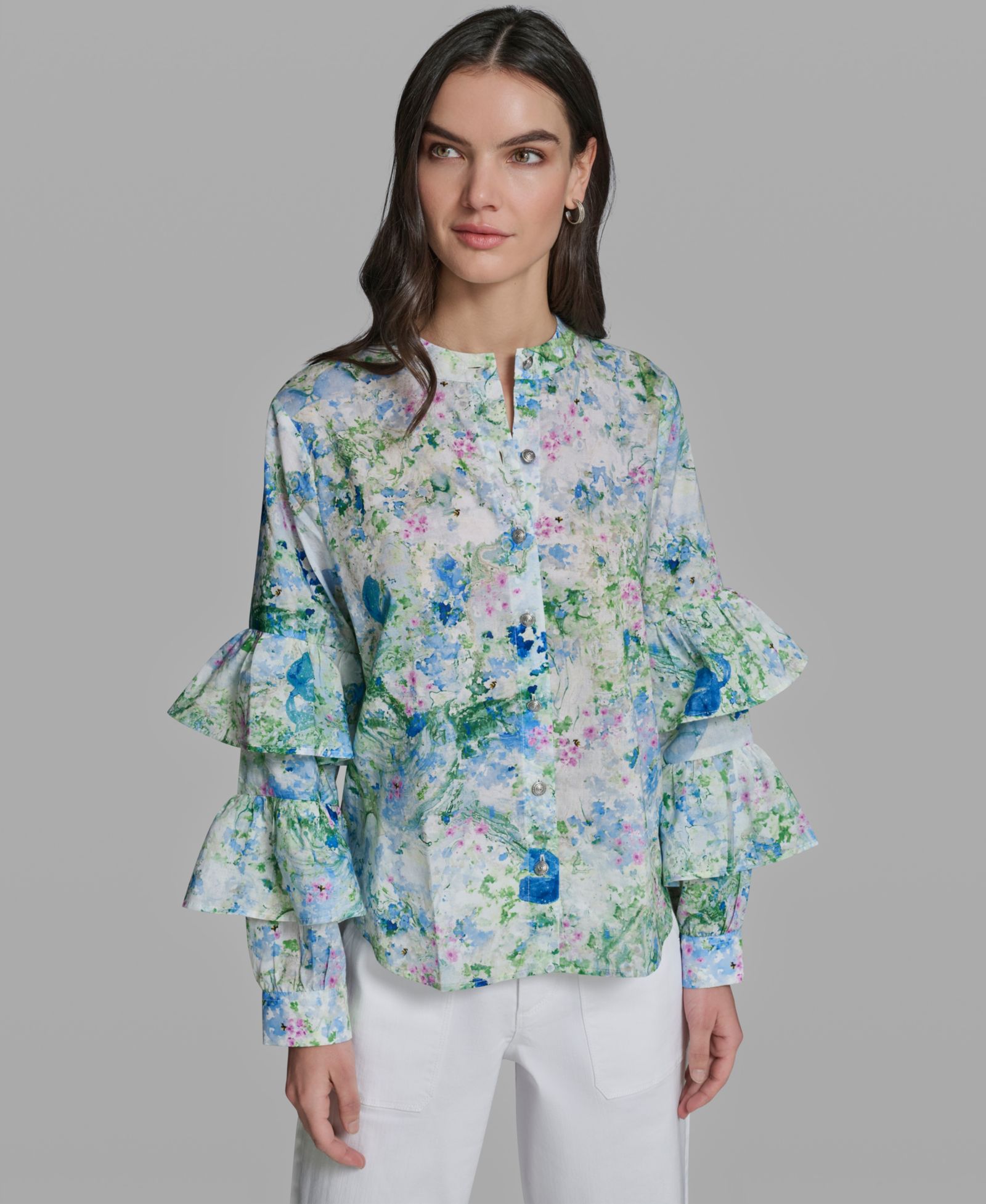 KARL LAGERFELD PARIS Women's Long-Sleeve Collared Printed Shirt