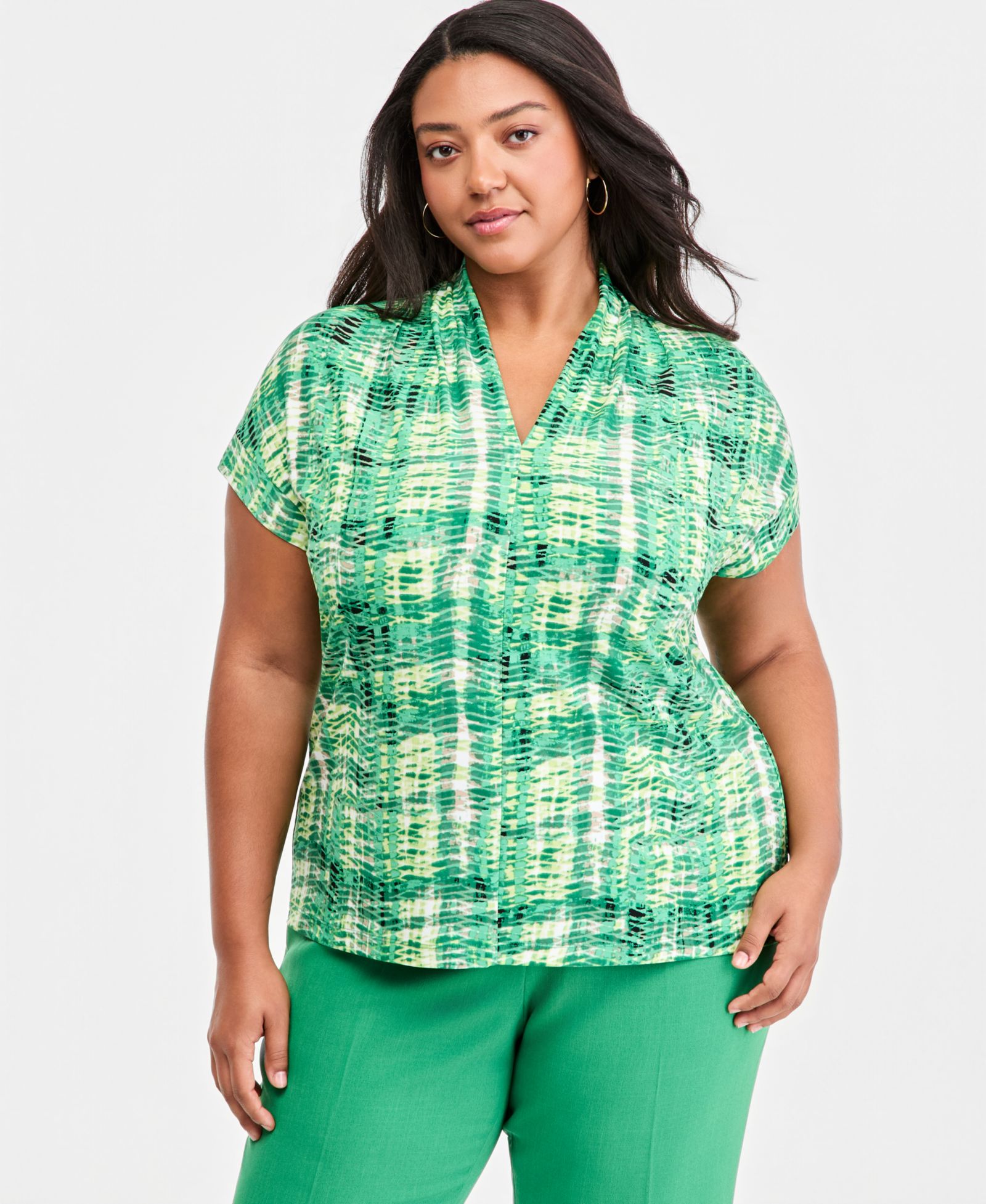 Kasper Plus Size Printed V-Neck Short-Sleeve Blouse