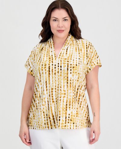 Kasper Plus Size Printed V-Neck Short-Sleeve Blouse