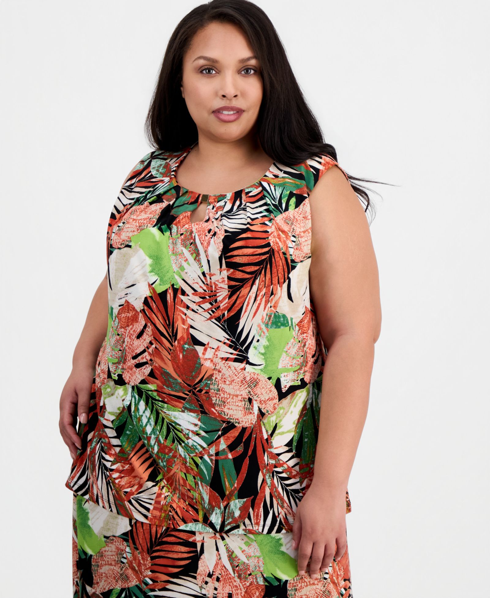 Kasper Plus Size Printed Pleat-Neck Sleeveless Top
