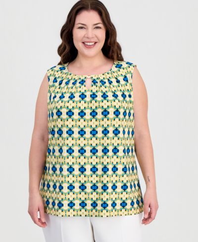 Kasper Plus Size Printed Pleat-Neck Sleeveless Top