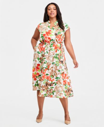Kasper Plus Size Printed Split-Neck Cap-Sleeve Dress