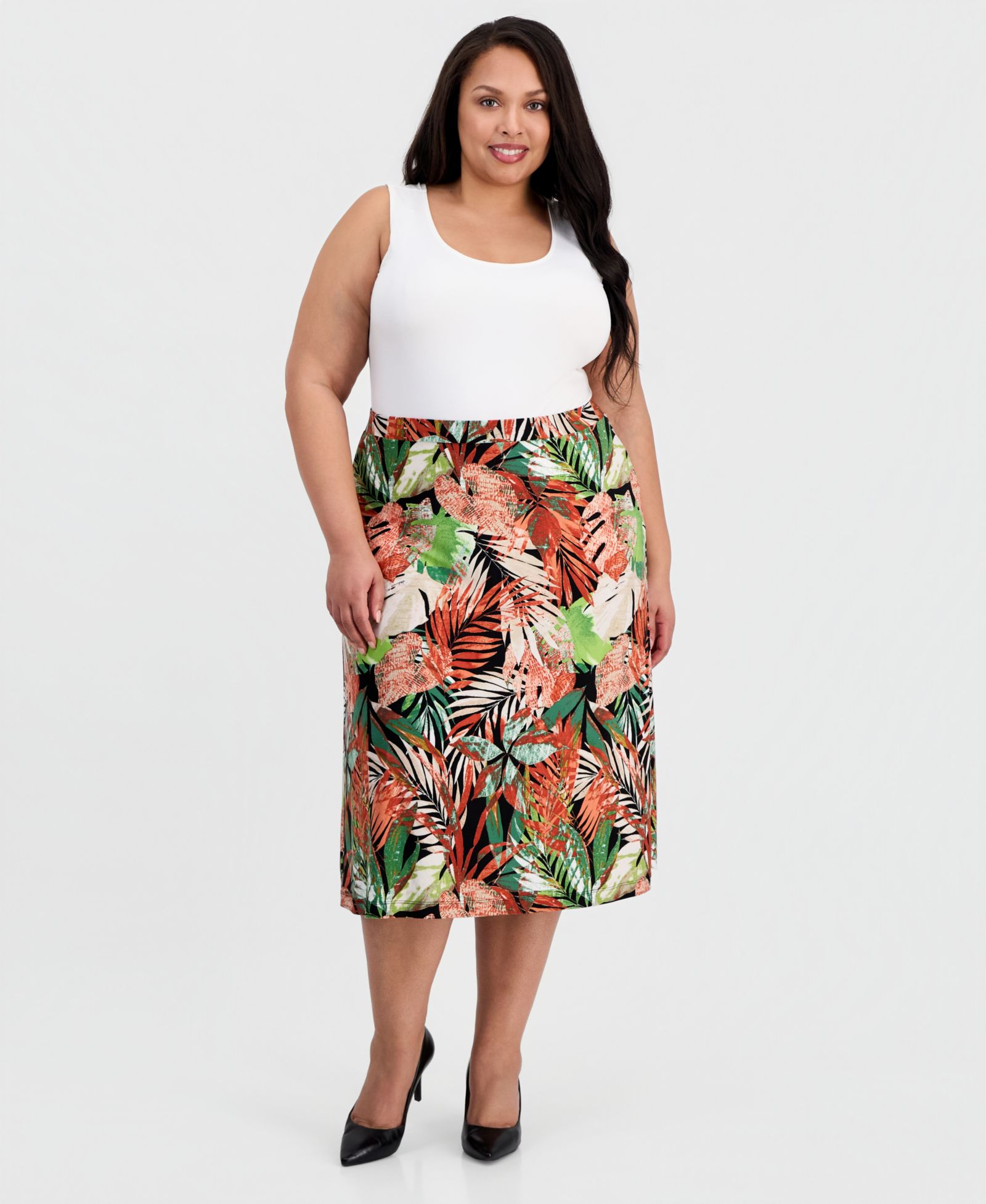 Kasper Plus Size Printed Pull-On Flare Midi Skirt